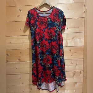 LulaRoe Short Sleeve Red Floral Dress Carly Pocket Large